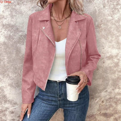 New Autumn Rose Red Women's Short Jacket, Zipper Closure, Lapel Collar, Fashionable Casual Coat.
