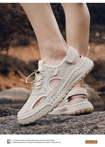 Sandals men's tide summer new style leather toe cap outdoor leisure sports hollow sandals beach shoes Handmade mesh men shoes