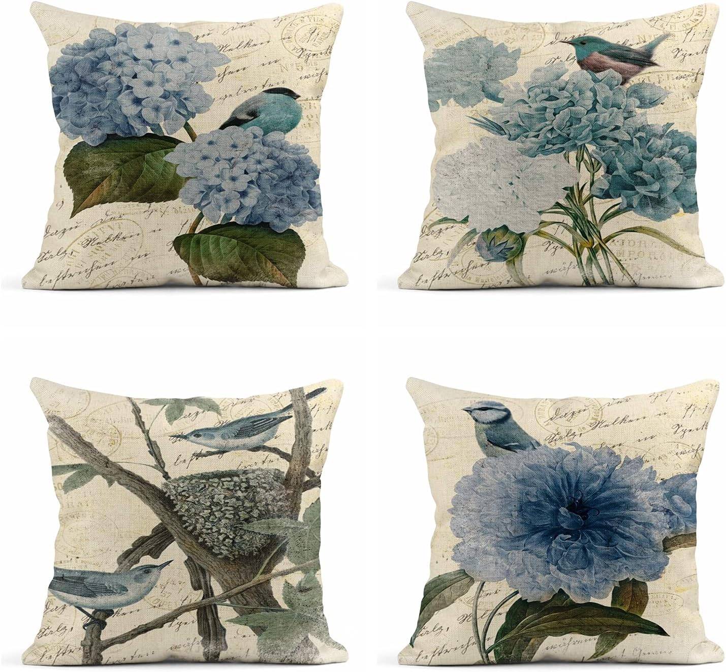 Summer Watercolor Blue Hydrangea Flowers and Birds Linen Pillow Cover Home Decoration Pillowcase Square Sofa Bed Cushion Cover