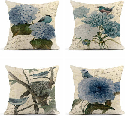 Summer Watercolor Blue Hydrangea Flowers and Birds Linen Pillow Cover Home Decoration Pillowcase Square Sofa Bed Cushion Cover