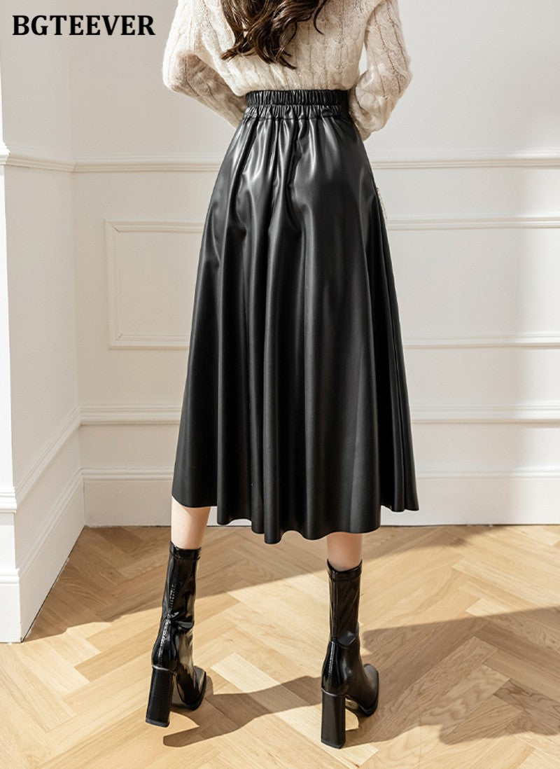 BGTEEVER Spring Autumn Loose PU Leather A-line Skirts Women Elegant High Waist Pleated Faux Leather Skirts Female