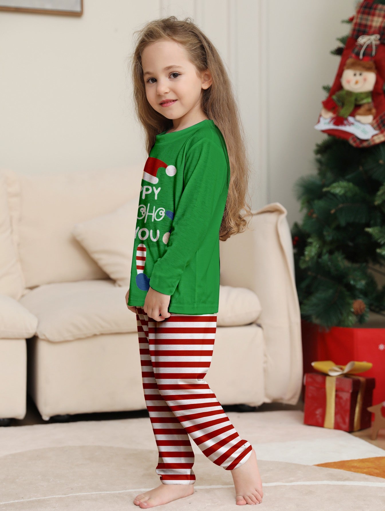 Merry Christmas Kids Matching Pajamas Elf "Happy HoHoHo" Green Top Red White Striped Sleepwear