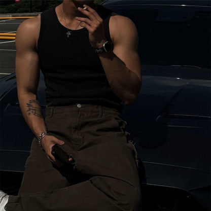 Summer American Men's Vest Wearing Thick Thread Slim Vest Men's Sports Training Striped Vest Base T-shirt Fitness GYM