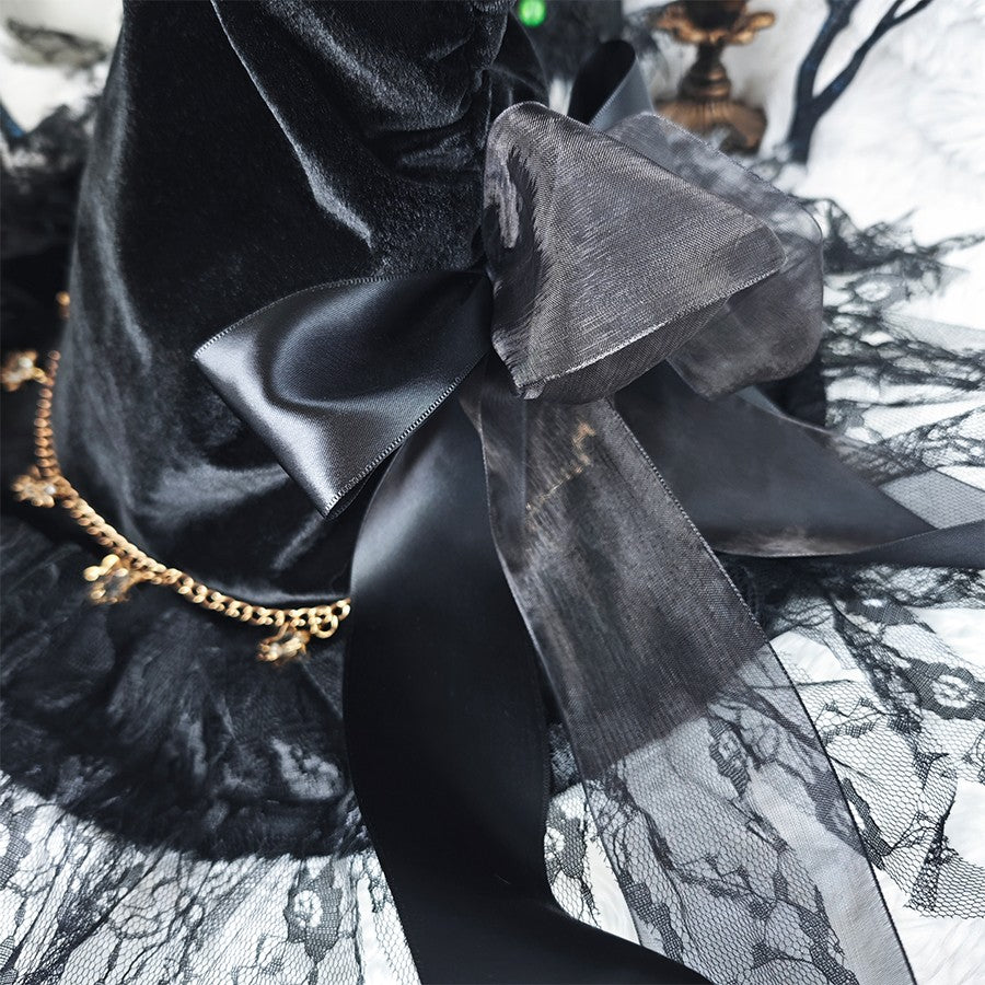 Handmade Lace Witch Pointed Hats Bandage Bow Wizard Hat Adult Gothic Lolita Cosplay Costume Accessories Halloween Party Hat