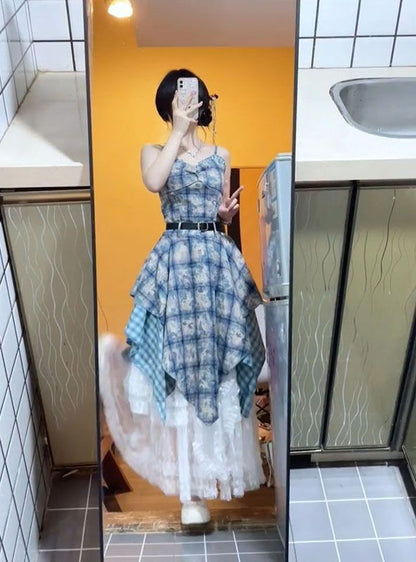 Watercolor Gingham Slip Dress Women 2025 Summer Sweetheart Aesthetic Asymmetric Tie Waist A Line Dreamcore Romance