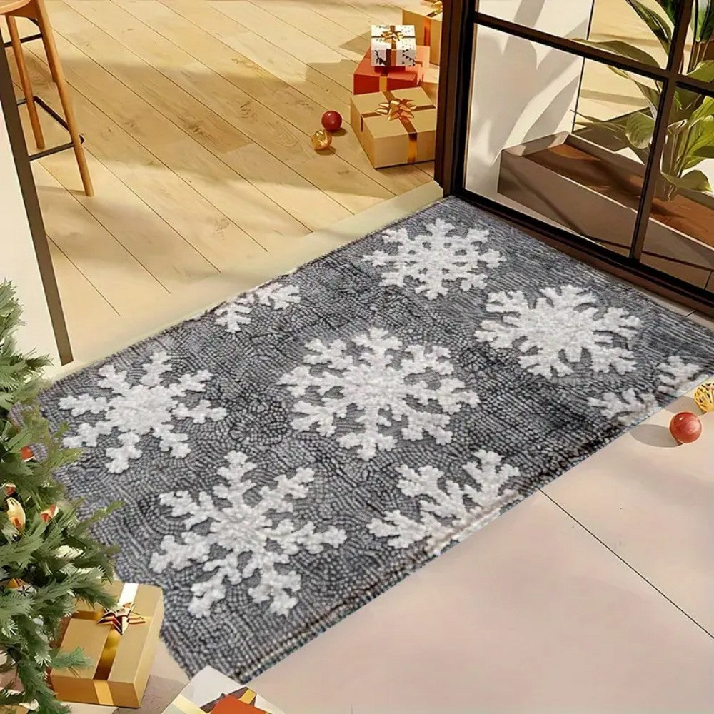 VIKAMA 1PC Winter Christmas Floor Mat 2D Print White Snowflake Pattern Bathroom Kitchen Entrance Home Bedroom Holiday Decor Rug