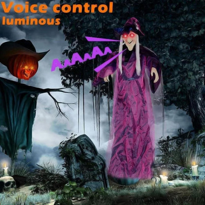 Bruxa Falante em Tamanho Real de Halloween Roxo Assustador Decoração Gritante Controlada por Voz com Olhos Brilhantes