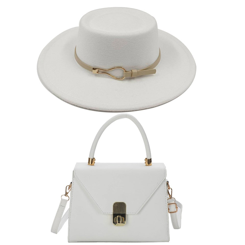 Acessórios femininos de fivela de couro metal com chapéu de feltro de pele com top côncavo e convexo, chapéu fedora e conjunto de bolsa combinando, estilo retrô