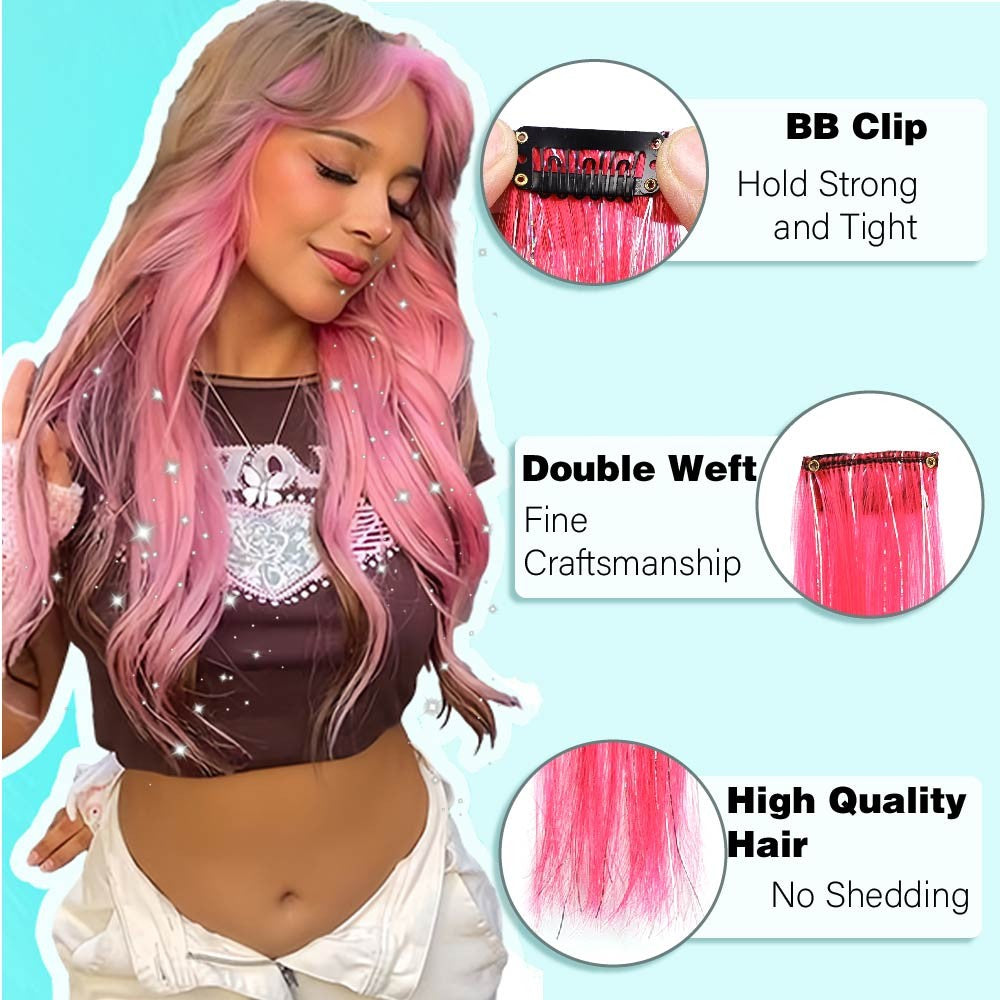 Extensões de Cabelo Sintéticas Rosa Choque com 6 Clipes, Mechas Metálicas, Extensões Coloridas de 55cm, Cabelo Arco-Íris 2 em 1