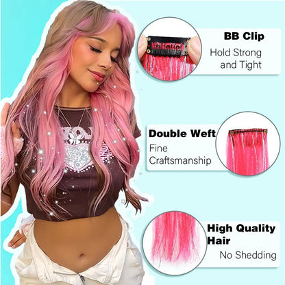 Extensões de Cabelo Sintéticas Rosa Choque com 6 Clipes, Mechas Metálicas, Extensões Coloridas de 55cm, Cabelo Arco-Íris 2 em 1