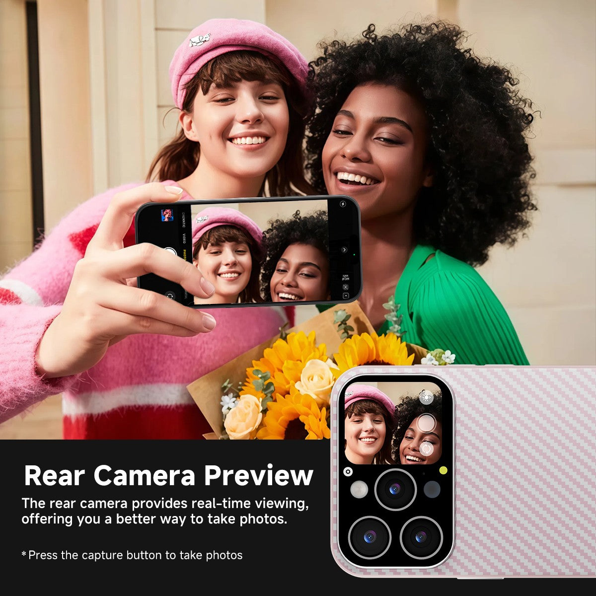 Capa de Celular 2025 com Tela de 1.83'' para Prévia de Selfie, Fundo Personalizado de Foto/Vídeo e Push de Mensagens para iPhone Apple — Presente