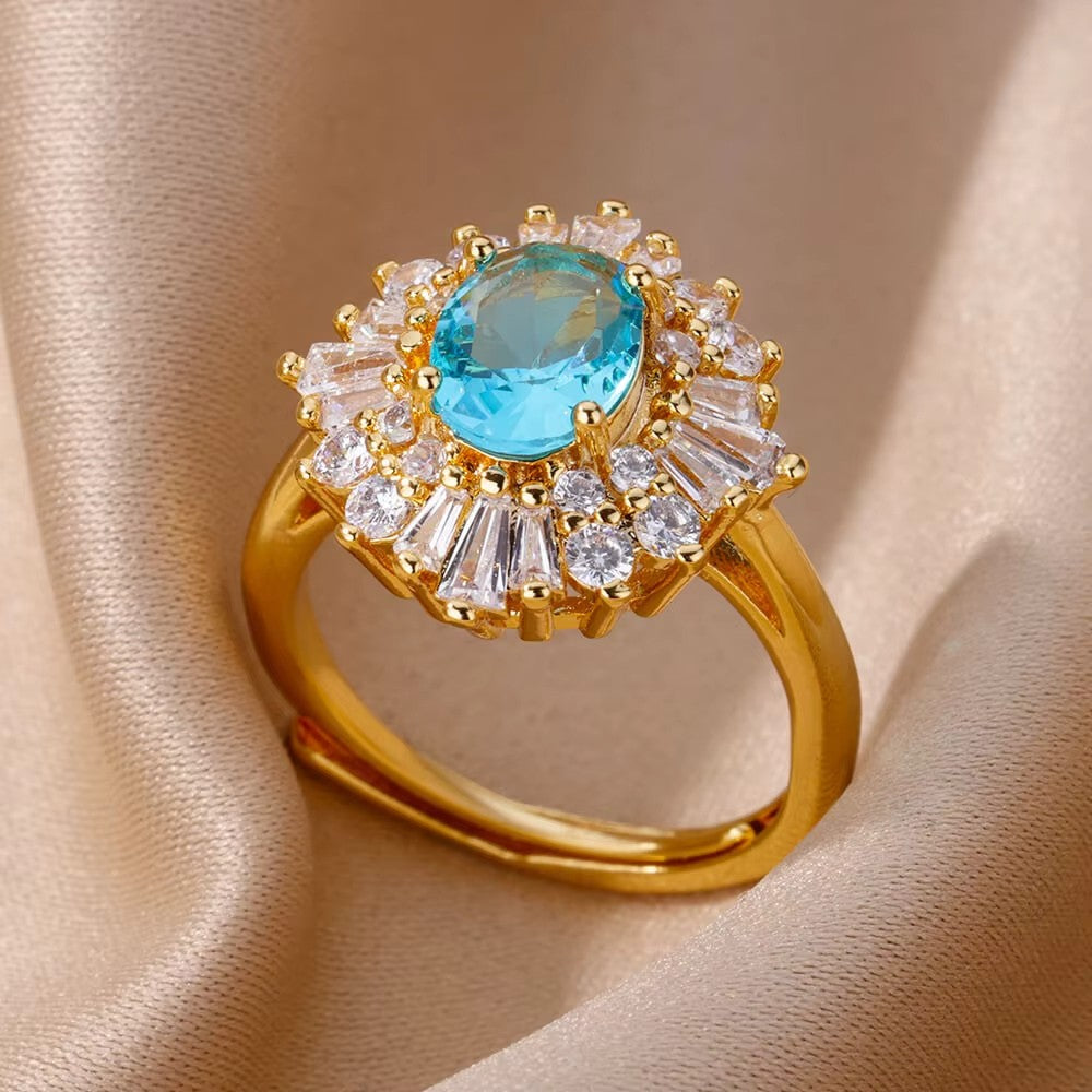 Anéis de Luxo em Aço Inoxidável Banhado a Ouro Pedra Colorida Zircônia Cristal Coração Anel Feminino Casamento Joias Boho Presente de Natal