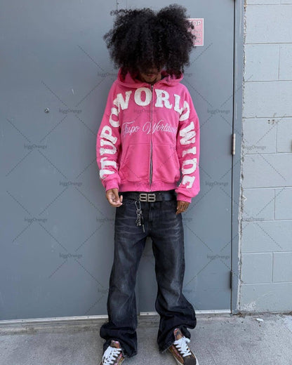 2025 Trendy Retro Harajuku Letter Embroidered Zipper Hoodie Women Punk Oversized Sweatshirt Men Hip-hop Casual Loose Streetwear