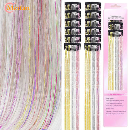 12 Peças/conjunto de Extensões de Cabelo Colorido com Glitter, Presilha de Cabelo Sintética Brilhante e Cintilante, Acessórios de Cabelo para Festas
