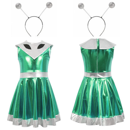 Cyber Alien Laser Reflective Alien Cosplay Dress, Adult and Children's Party Outfit, Including Tentacle Headpiece