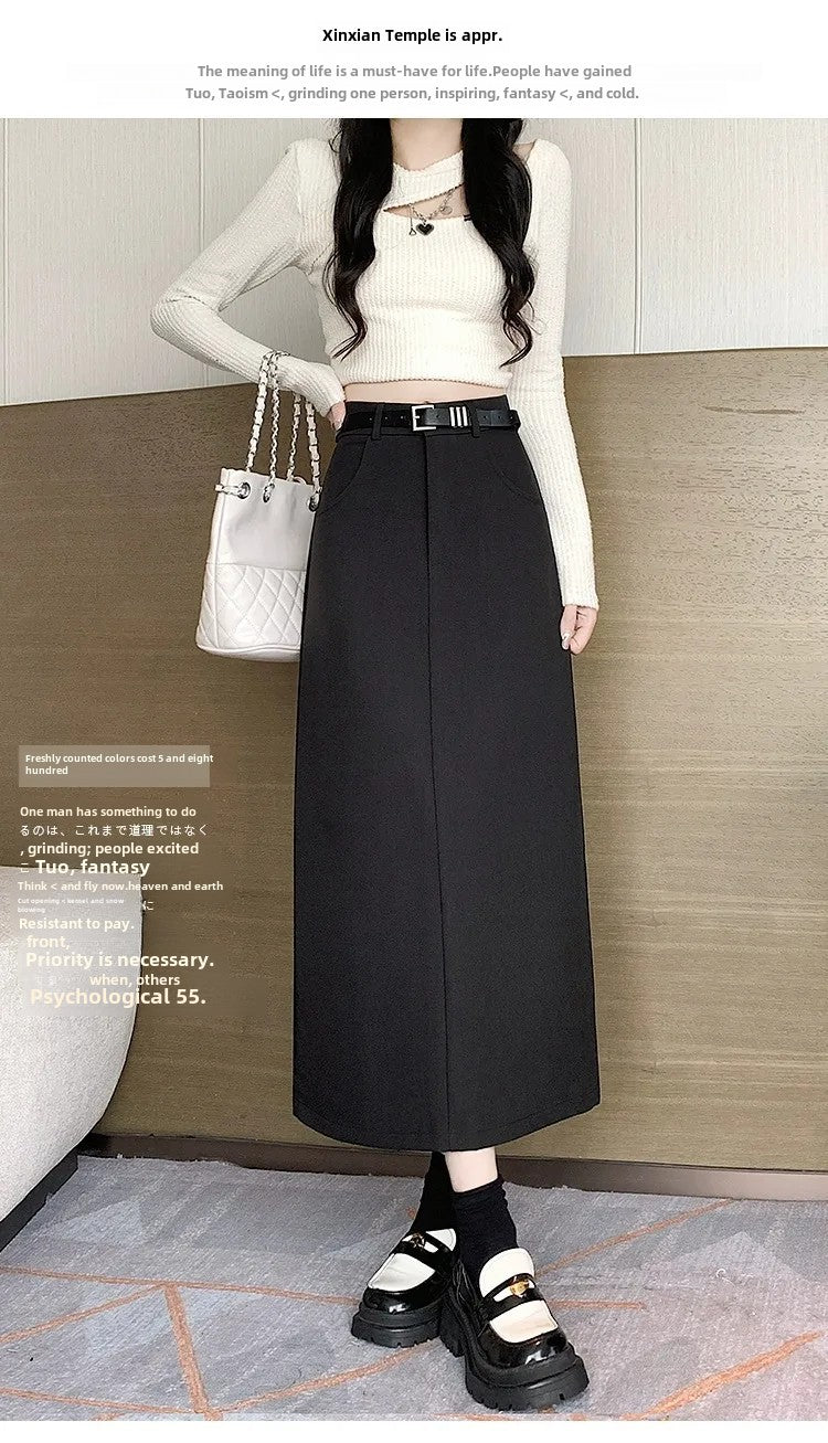 Grey High-waisted A- line Skirt Half Dress Petite Long Dress Autumn/winter For Women Side Slit Workwear