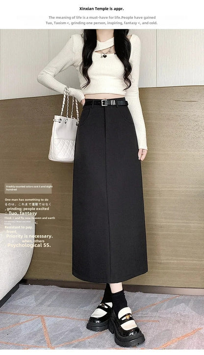Grey High-waisted A- line Skirt Half Dress Petite Long Dress Autumn/winter For Women Side Slit Workwear