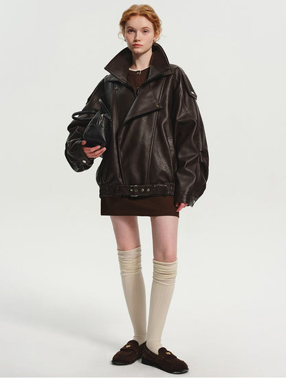 Lautaro Spring Autumn Cool Brown Oversized Pu Leather Jacket Women Long Sleeve Zip Up Luxury Designer American Retro Clothing