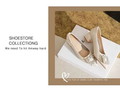 Women's Elegant Black Mid Block Heels Pumps with Crystal Rhinestone Pointed Toe Dress Shoes