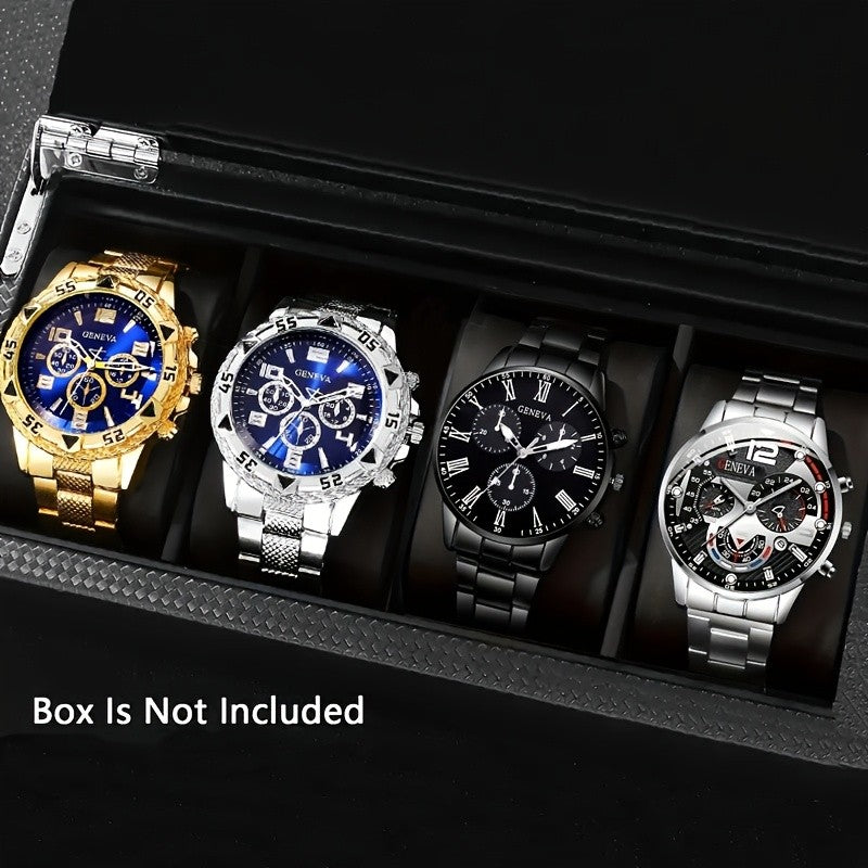 4pcs fashionable men's quartz watch - stainless steel strap, round zinc alloy case, electronic sports