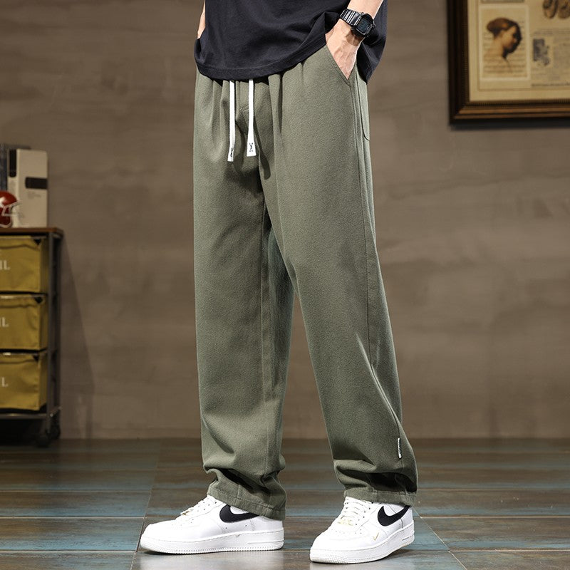 100% Cotton Men's Loose Wide Leg Pants Elastic Waist Fashion ArmyGreen Khaki Korean Streetwear Autumn Straight Trousers