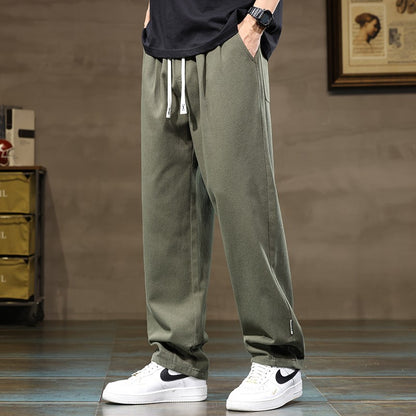 100% Cotton Men's Loose Wide Leg Pants Elastic Waist Fashion ArmyGreen Khaki Korean Streetwear Autumn Straight Trousers
