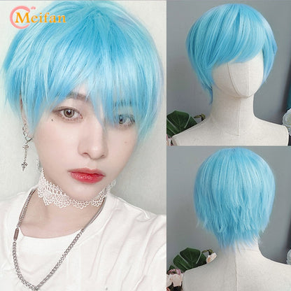 Peruca MEIFAN Sintética Curta para Cosplay Lolita Anime Masculina Cabelo Liso Masculino Fibra de Alta Temperatura Rosa Azul Louro Ombré Preto Peruca