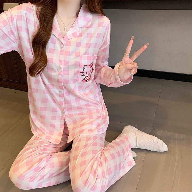 Hello Kitty and Plaid Pajama Set for Women Winter Checked Sleepwear Long Sleeve Home Outfit Autumn Loungewear Korean Fashion