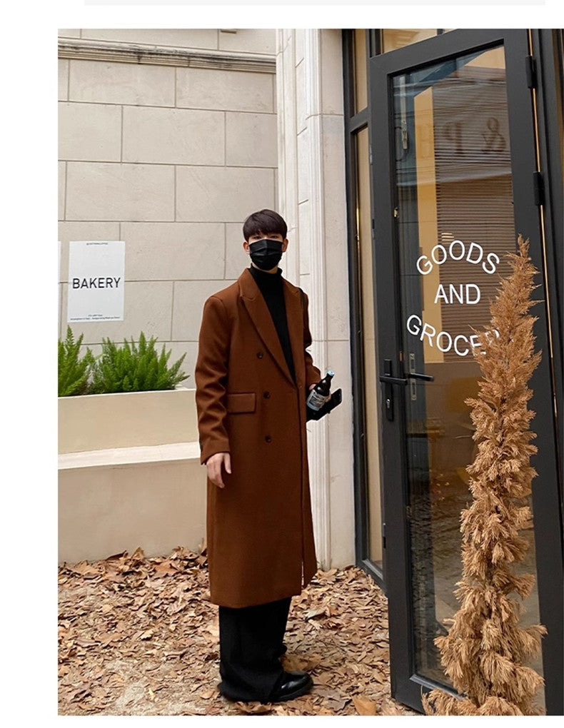 Mauroicardi Autumn Winter Long Warm Coffee Black Soft Woolen Coat Men Double Breasted Loose Casual Wool Blends Overcoat 2023