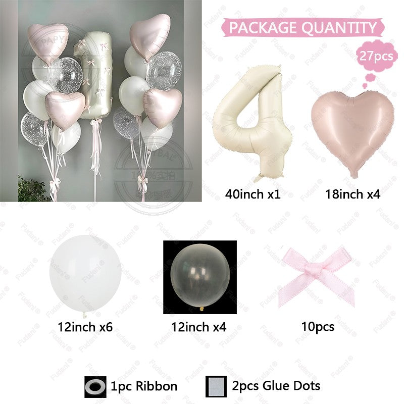 32inch Pink Bows Number Balloons Cream White Beige Number Foil Balloons Pink Bows For Birthday Coquette Themed Party Decor