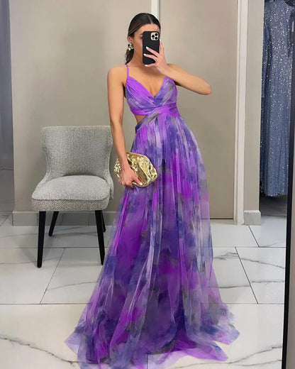 Summer Spring Off-Shoulder Lace Print Halter Dress Casual Party Holiday Dress V-Neck Floor-Length Polyester Fiber Dress