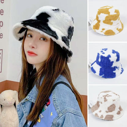 Winter Bucket Hat Women's Fashion Milk Cow Grain Panama Warm Hats Female Vintage Faux Fur Fisherman Cap Hats For Women Casual