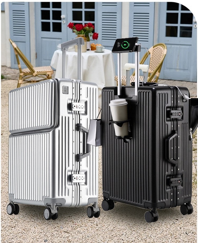 Aluminium Frame Suitcase Front Opening Cabin Luggage with USB Cup Holder Female Trolley Case Male Brake Wheel Travel Suitcase