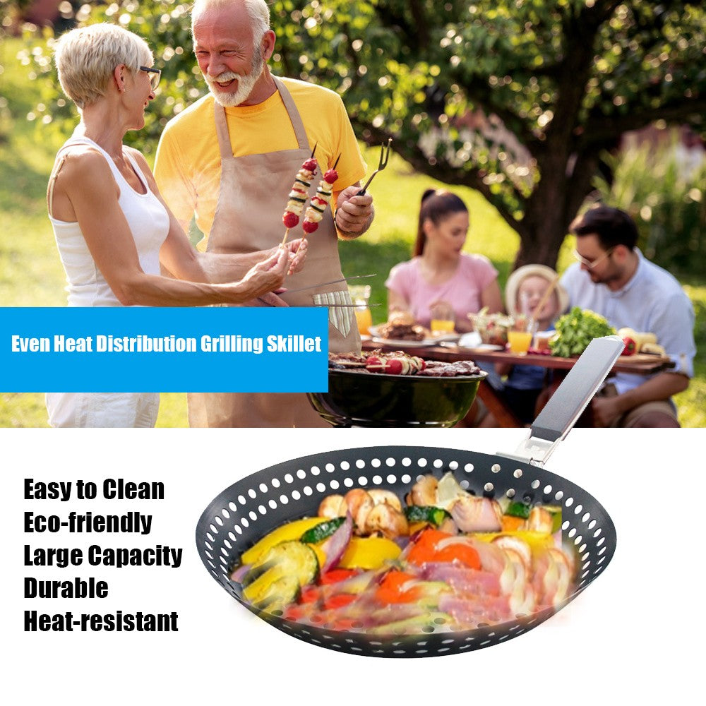 Non-stick Metal Grilling Skillet Handle Removable Handle for Outdoor Grill Topper Barbecue Pan for Vegetables Seafood Meat
