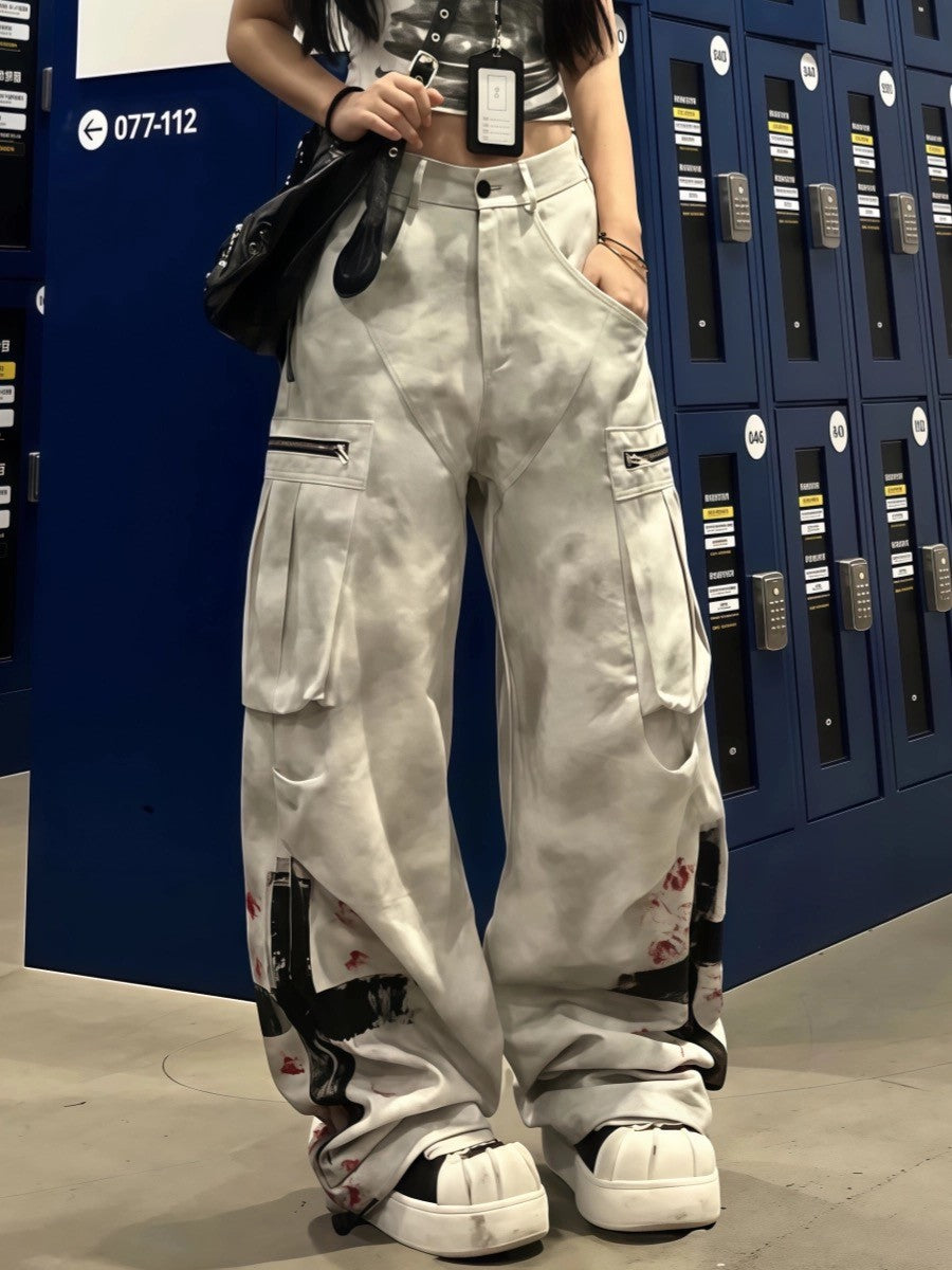 Women's White Zipper Graffiti Work Jeans Y2k 2025 American Retro Design Distressed Subculture High Waist Floor Mopping Trousers