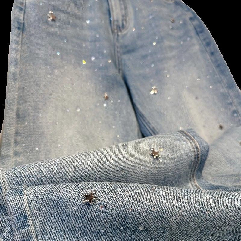 2024 Spring New Narrow Straight Jeans Women's Slimming Fashionable All-Match Rhinestone women jeans  pants