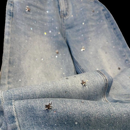 2024 Spring New Narrow Straight Jeans Women's Slimming Fashionable All-Match Rhinestone women jeans  pants