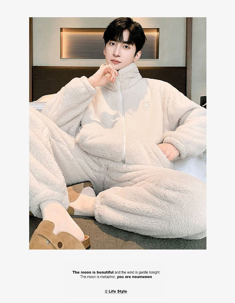 New Men's High Neck Large Size Loose Plush Loungewear Autumn and Winter Thick Warm Flannel Pajamas Can Worn Outside Coral Fleece