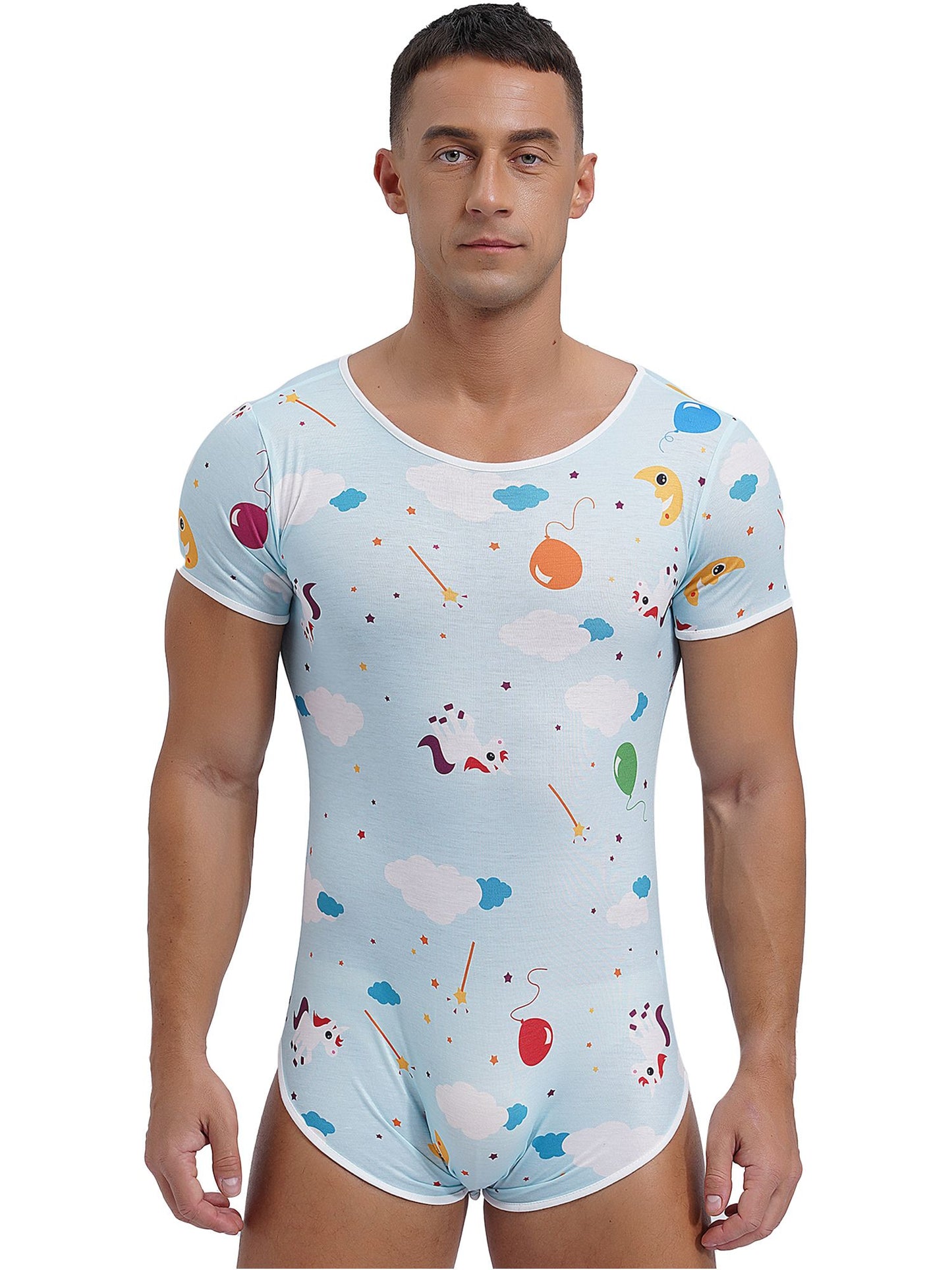 Mens Cute Cartoon Print Bodysuit Sissy Pajamas Short Sleeve Buttoned Crotch Diaper Rompers Gay Male Onesies Sleepwear Loungewear