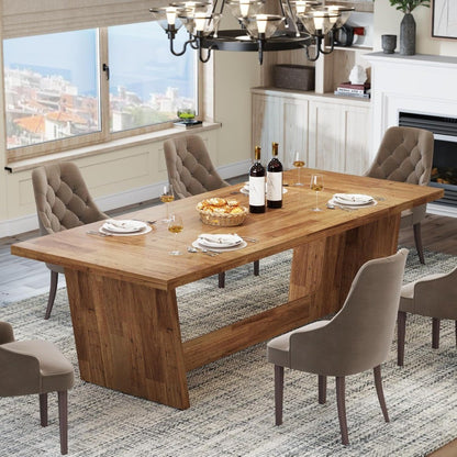 Large Rectangular Wood Dining Table for 6-8, Farmhouse Style Kitchen Table with Solid Pedestal Base