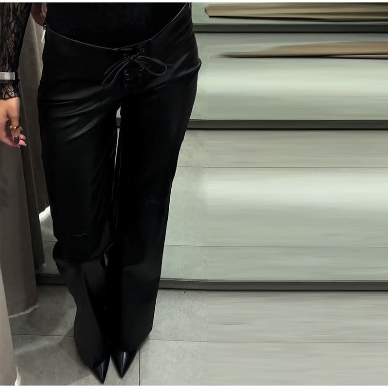 2026 New Solid Black Leather Long Pants For Women Y2K Casual Tie Up Drawstring Flared Trousers Female Chic Street Bell-bottoms