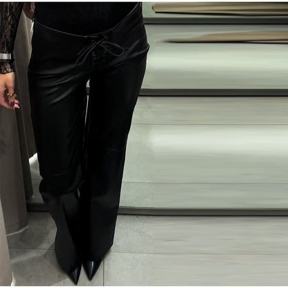 2026 New Solid Black Leather Long Pants For Women Y2K Casual Tie Up Drawstring Flared Trousers Female Chic Street Bell-bottoms