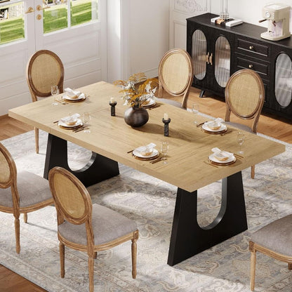 Rustic Rectangular Dining Table by Tribesigns for 6-8 People, 70.9-Inch Wood, Black Wooden Legs, Farmhouse Style Centerpiece