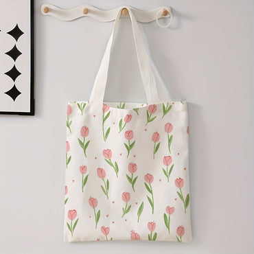 Floral Letter Pattern Printed Tote Bag Fashionable Reusable Shoulder Bag Polyester Handbag Lightweight Casual Shopper Bag