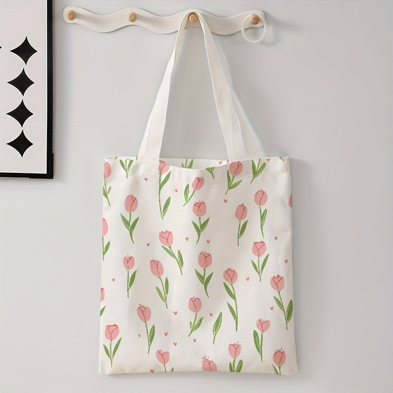 Floral Letter Pattern Printed Tote Bag Fashionable Reusable Shoulder Bag Polyester Handbag Lightweight Casual Shopper Bag