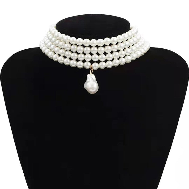 Colar Choker Clássico Camadas Fio Pérolas Redondas para Mulheres, Pingente de Pérola Barroca Irregular, Presente de Casamento