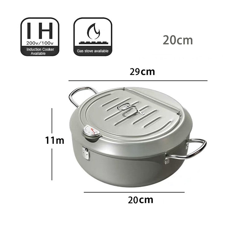 304 Stainless Steel Oil Pan Japanese Deep Frying Pot with a Thermometer and a Lid Kitchen Tempura French Fries Oil Fried Pan