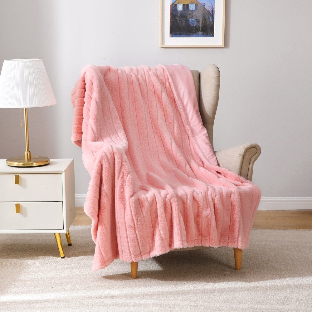 Luxurious Pink Stripe Faux Fur Throw Blanket 50x60 Super Soft Micro Mink Reversible Machine Washable Cozy Home Decor