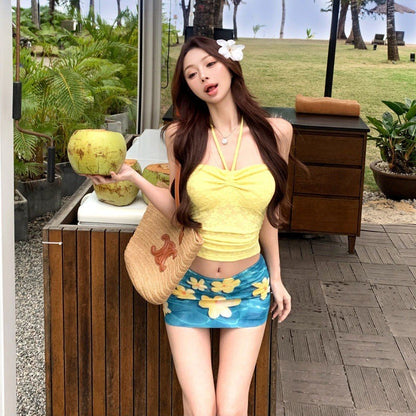 French Drawstring Blue Floral Tube Top Women Separate Swimwear Set Coastal Summer Vacation Beach Holiday Swimsuit for Girl