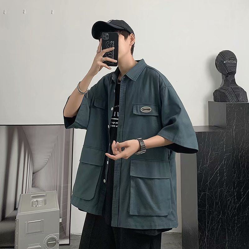 Shirts For Men With Pocket Cargo Man Shirt Loose Korean Style Casual Asia Cool Hipster Original Half Sleeve Fashion Collar I Xxl
